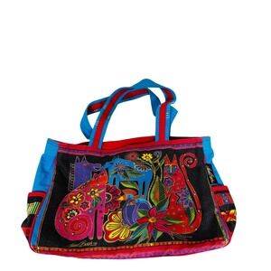 Laurel Burch Tote Bag Womens Medium Multi Color Canvas Cat Folk Art Floral FLAW